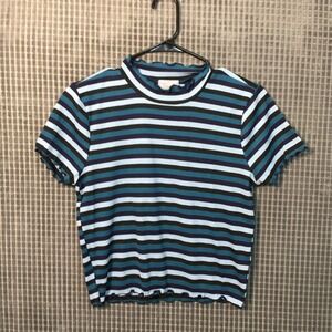 Violet Moon Striped Mock Neck Lettuce‎ Edge Ribbed Top Blue Teal XL Made in USA